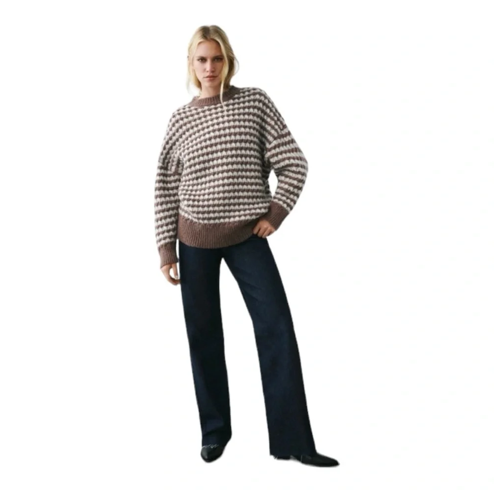 ZARA Brown and White Striped Oversized Slouchy Cozy Crewneck Knit Sweater Large - Picture 5 of 15